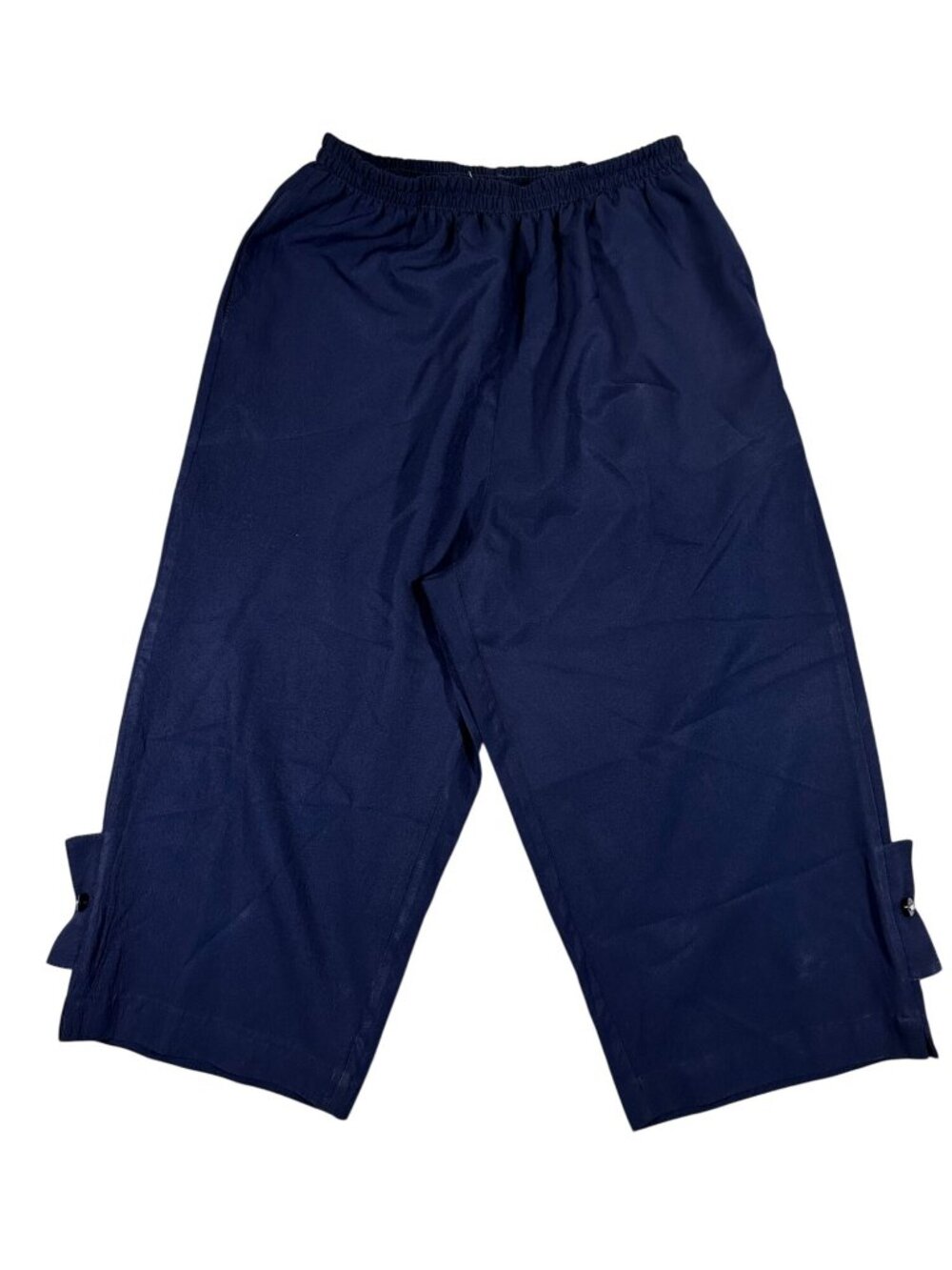 Regal Womens Navy Blue Cropped Pants Size L Poly Button Hem Elastic Waist Casual